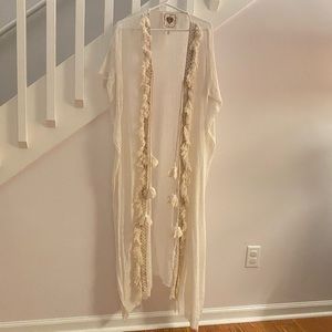 Z & L Europe CoverUp Maxi Ivory Boho Fringe Duster Tassels Caftan Tunic Swim FS
